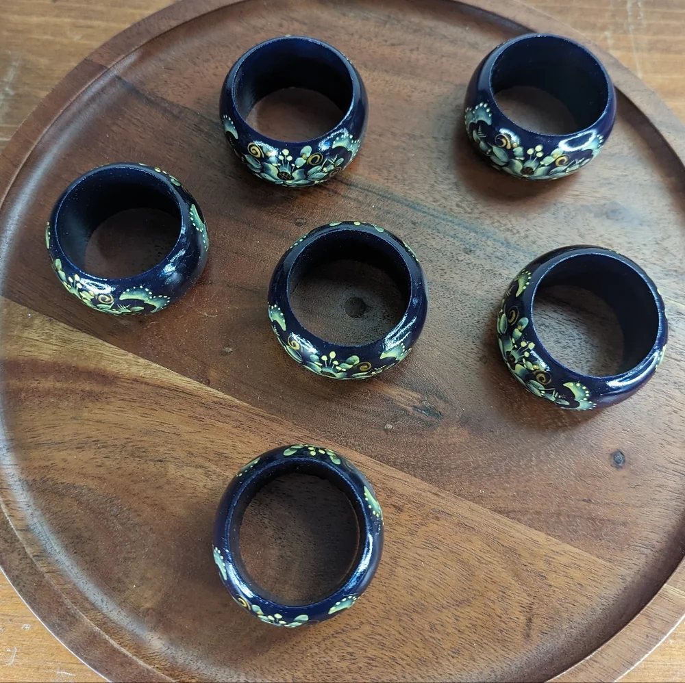6 Vintage Hand Painted Wooden Napkin Rings Cobalt Blue Cream Lacquer Russian